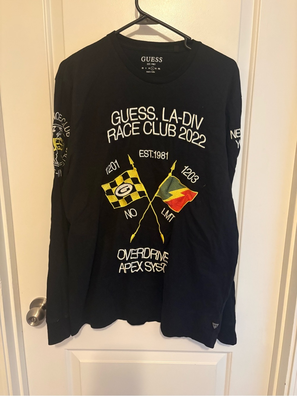 GUESS Black Long-Sleeve Race Club Graphic Tee with Yellow & Red Flags